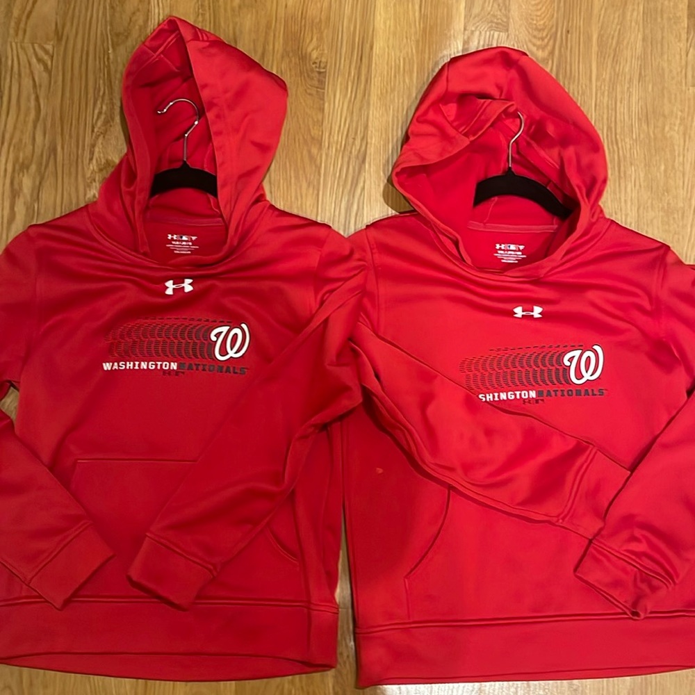 Two (2) Kids Washington Nationals Under Armour hoodie sweatshirts. Kids L & XL.